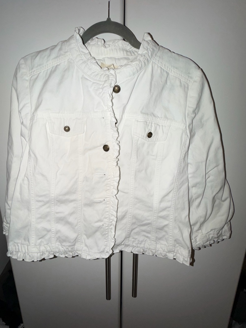 Sandro White Ruffle-Trim Cotton Denim Jacket